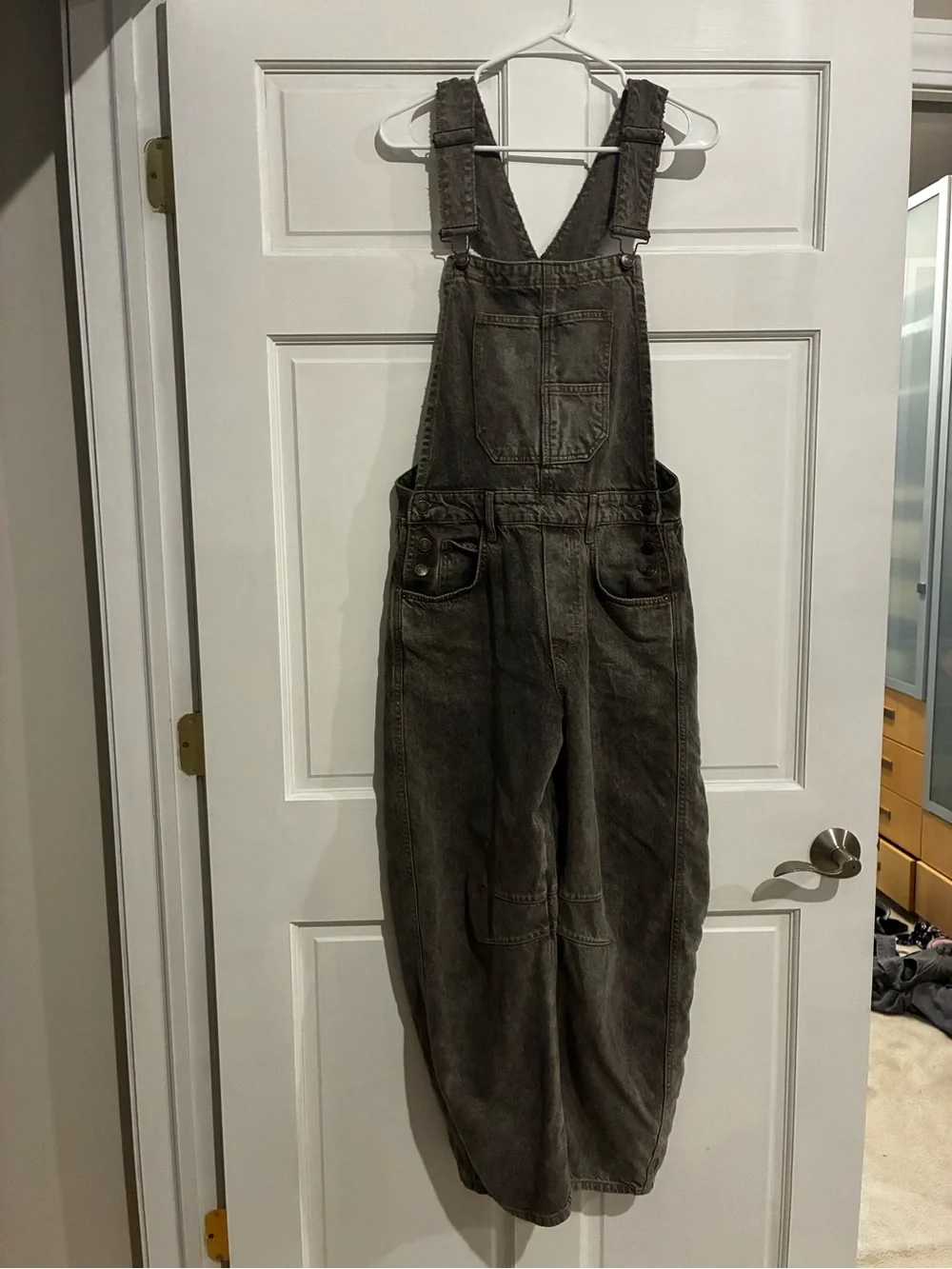 Women's Dark Gray Denim Overalls, Barrel leg